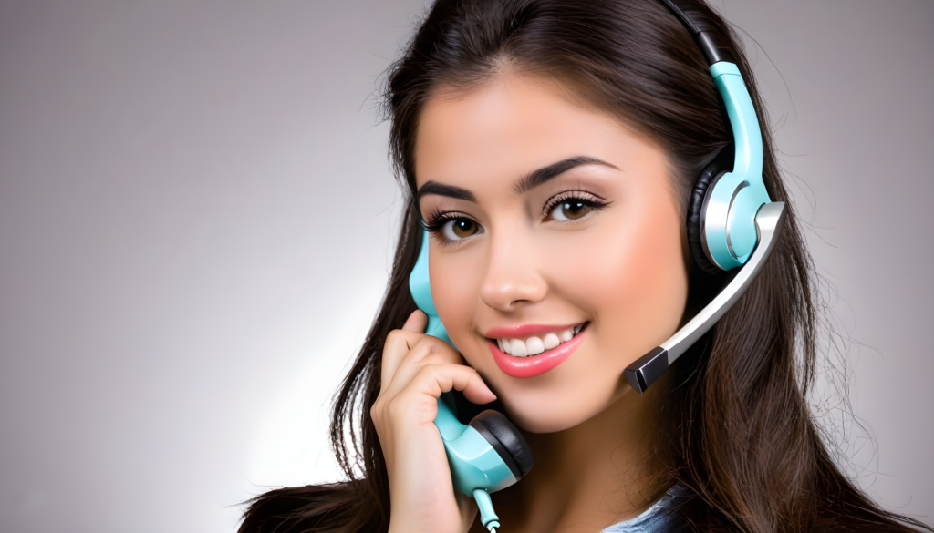 Asesora de atención al cliente con auriculares y micrófono, sonriendo mientras brinda soporte personalizado.